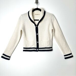 Tennis Prep Collared Navy White Wool Mohair V-Neck Preppy Academia Cardigan